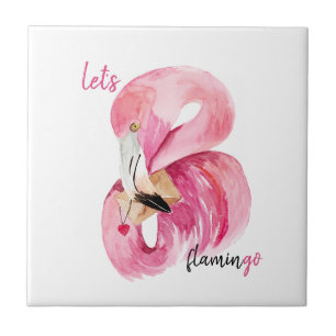 Modern Exotic Pink Let's Flamingo Watercolor  Ceramic Tile