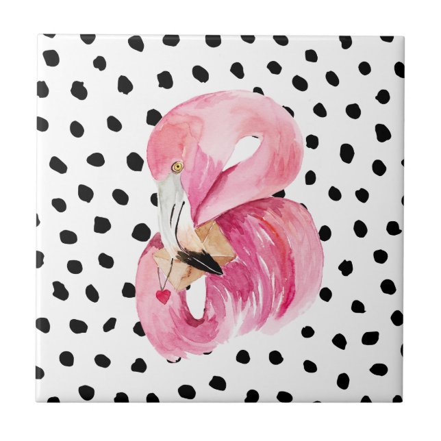 Modern Exotic Pink Watercolor Flamingo & Dots Ceramic Tile (Front)