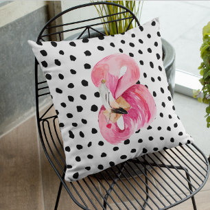 Modern Exotic Pink Watercolor Flamingo & Dots Cushion