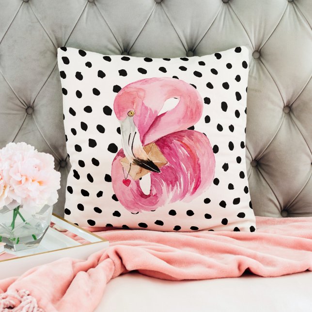 Modern Exotic Pink Watercolor Flamingo & Dots Cushion (Creator Uploaded)
