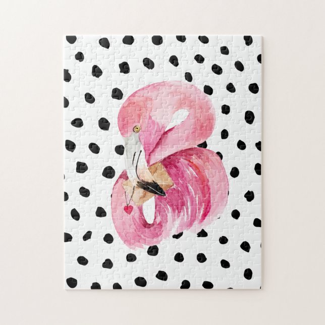 Modern Exotic Pink Watercolor Flamingo & Dots Jigsaw Puzzle (Vertical)