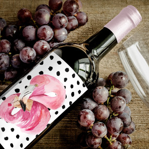 Modern Exotic Pink Watercolor Flamingo & Dots Wine Label