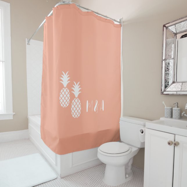 Modern Exotic Pink White Pineapple Pattern  Shower Curtain (In Situ)