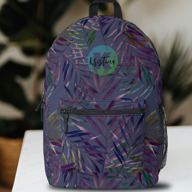 Modern Exotic Tropical Palm Leaves Name Monogram Printed Backpack (Creator Uploaded)