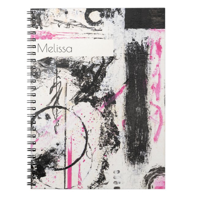 Modern expressive pink and black abstract painted  notebook (Front)