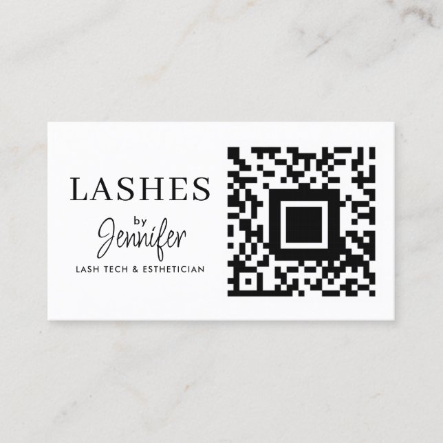 Modern Eyelash Extensions QR Code Black and White Business Card (Front)