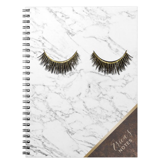 Modern Eyelash Trendy White Marble Copper Corner Notebook (Front)