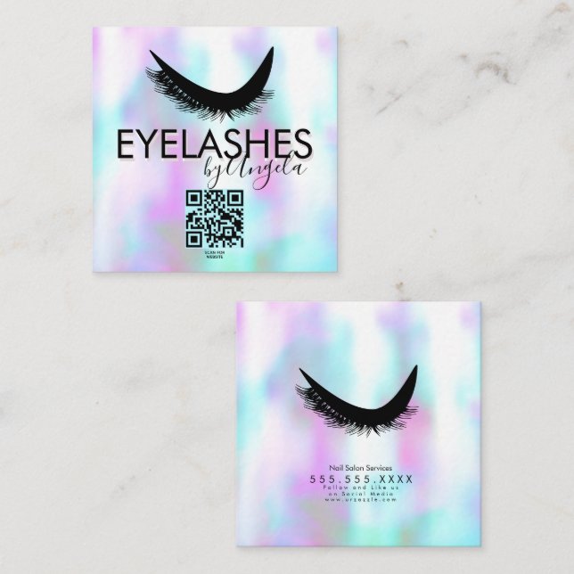 Modern Eyelashes Salon Beauty Faux Holographic  Square Business Card (Front/Back)