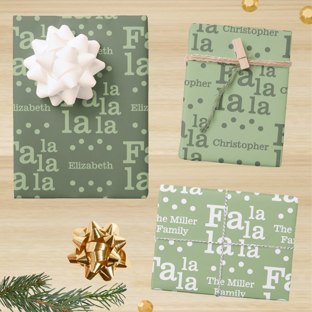 Modern Fa La Green Simple Add Name Christmas Wrapping Paper Sheet (Festive sage green gift wrap sheets for a custom Christmas)