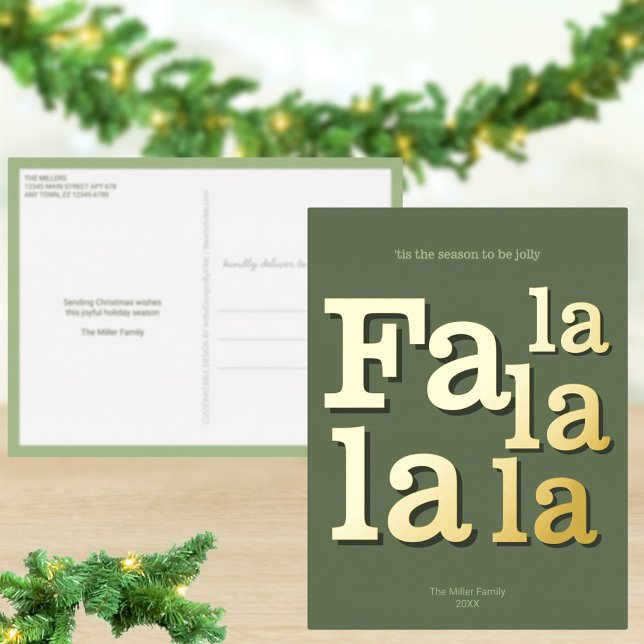 Modern Fa La Green Simple Chic Trendy Gold Foil Holiday Postcard (Custom gold foil Christmas postcards in sage green)