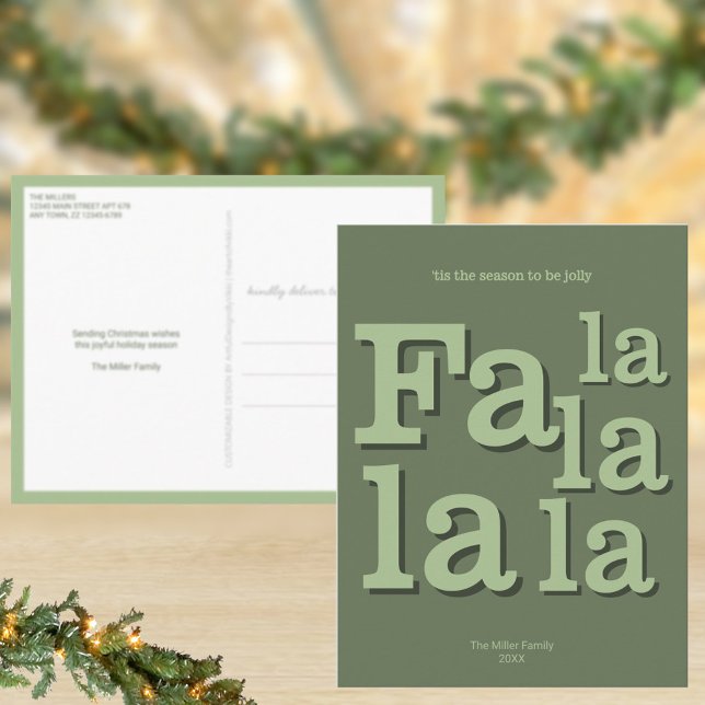 Modern Fa La Green Simple Minimal Christmas Postcard (Personalize your own Christmas postcards in sage green)