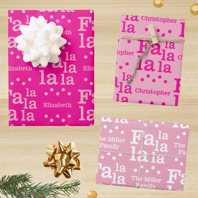 Modern Fa La Hot Pink Simple Add Name Christmas Wrapping Paper Sheet (A bold typography design, hot pink and your name(s) make these Christmas gift wrap sheets unique)