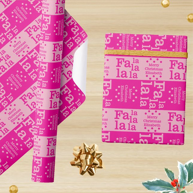Modern Fa La Hot Pink Simple Christmas Add Name Wrapping Paper (The hot pink with a bold typography and your text makes this Christmas wrapping paper truly custom)