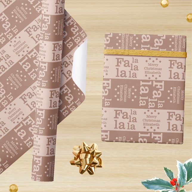 Modern Fa La Mocha Simple Christmas Add Name Wrapping Paper (Create your own personalized Christmas wrapping paper in organic earthy colors of brown and tan)