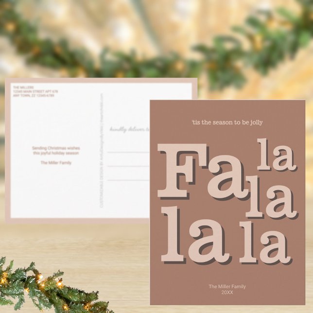 Modern Fa La Mocha Simple Minimal Christmas Postcard (Earthy colors for Christmas, mocha brown, and bold typography equals fun holiday postcards)