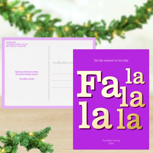 Modern Fa La Purple Simple Chic Trendy Gold Foil Holiday Postcard (Gold foil accents give these purple Christmas postcards a touch of modern glam)