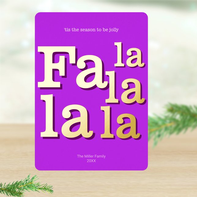 Modern Fa La Purple Simple Typography Gold Foil Holiday Card (Unexpected purple, real gold foil printing and modern typography makes these Christmas cards fun)