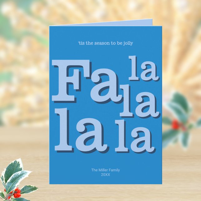 Modern Fa La Sky Blue Simple Typography Trendy Holiday Card (Personalized folded Christmas greeting cards in bright sky blue)