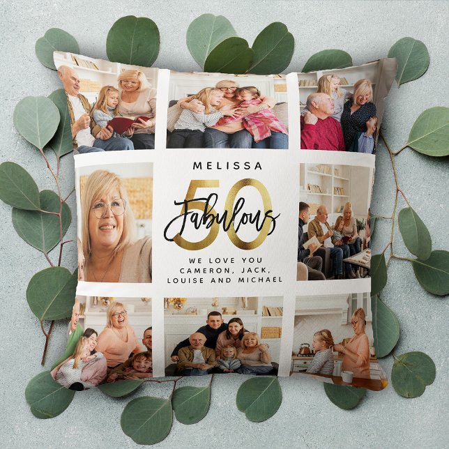 Modern Fabulous 50th Birthday Photo Collage Gold Cushion (Creator Uploaded)