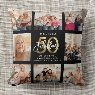 Modern Fabulous 50th Birthday Photo Collage Gold Cushion