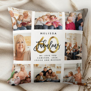 Modern Fabulous 60th Birthday Photo Collage Gold Cushion