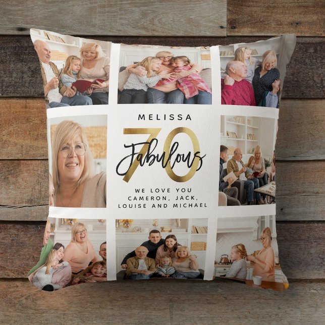 Modern Fabulous 70th Birthday Photo Collage Gold Cushion (Creator Uploaded)