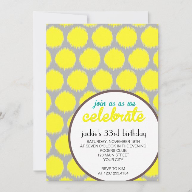 Modern Fabulous Ikat Grey Yellow Birthday Party Invitation (Front)