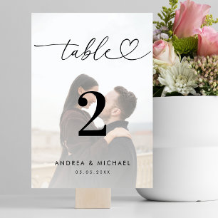 Modern Faded Photo Elegant Heart Script Wedding Table Number