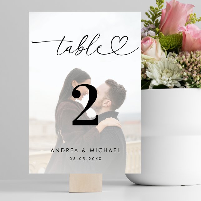 Modern Faded Photo Elegant Heart Script Wedding    Table Number (Creator Uploaded)