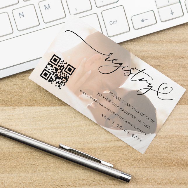 Modern Faded Photo & Qr Code Wedding Gift Registry Enclosure Card (Creator Uploaded)