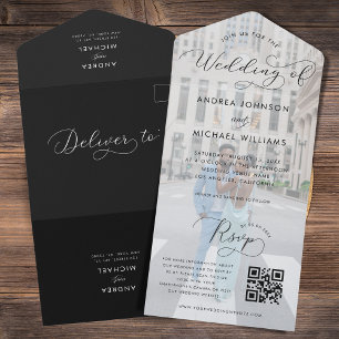 Modern Faded Photo & Script QR Code Photo Wedding All In One Invitation