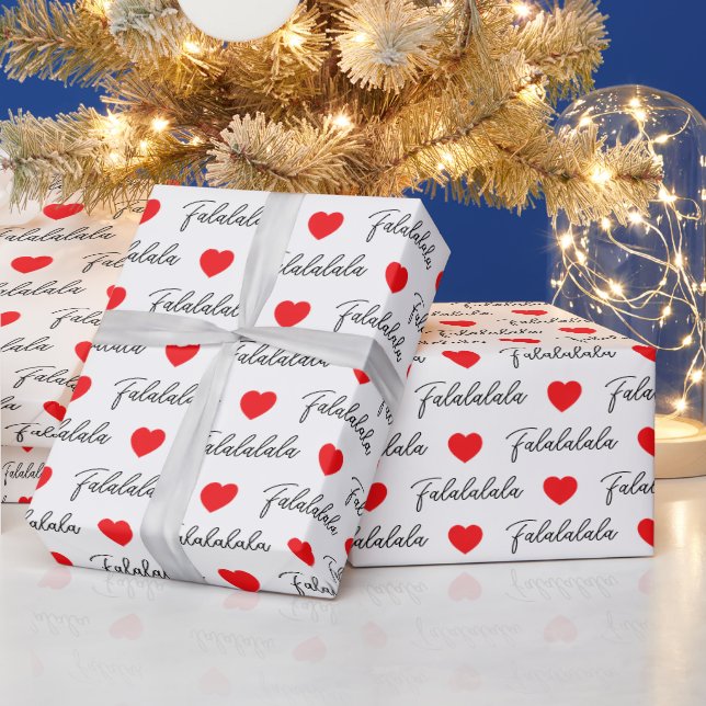 Modern Falalalala Red Hearts Wrapping Paper (Holidays)