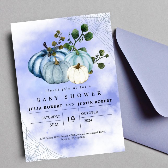  modern fall autumn blue pumpkin boy baby shower invitation (Creator Uploaded)