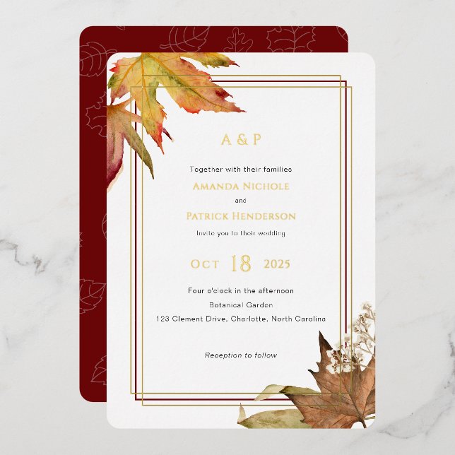 Modern Fall Autumn leaves, Garden Wedding gold (Front/Back)