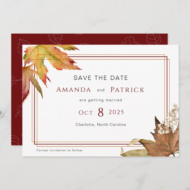 Modern fall autumn leaves garden wedding save the date (Front/Back)