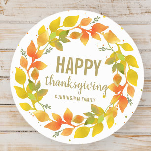 Modern Fall Autumn Leaves Wreath    Thanksgiving Classic Round Sticker