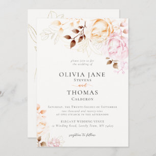 Modern Fall Blush Orange Floral Wedding Invitation