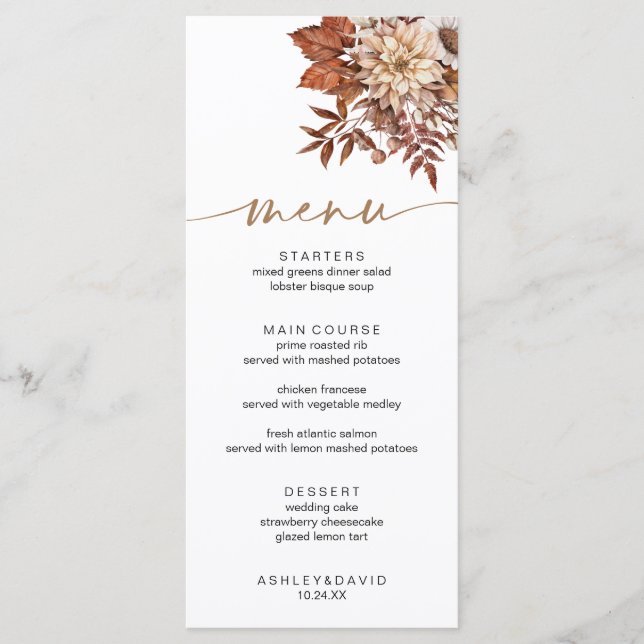 Modern Fall Bohemian Terracotta Floral Autumn Menu (Front)