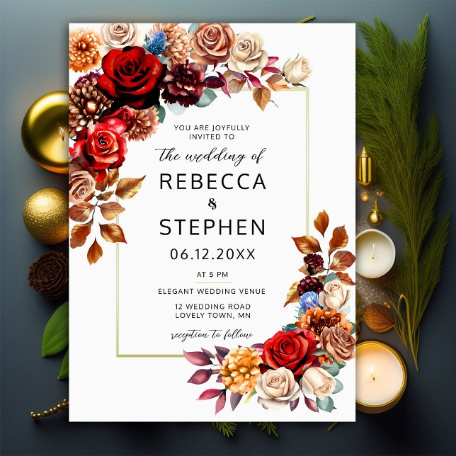Modern Fall Bouquet Red Roses Floral Frame Wedding Invitation (Creator Uploaded)