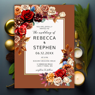 Modern Fall Bouquet Red Roses Terracotta Wedding Invitation