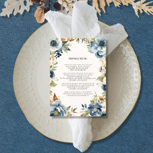 Modern Fall Floral Navy Dusty Blue Wedding Menu Invitation