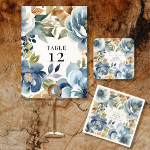 Modern Fall Floral Navy Dusty Blue Wedding Menu Invitation