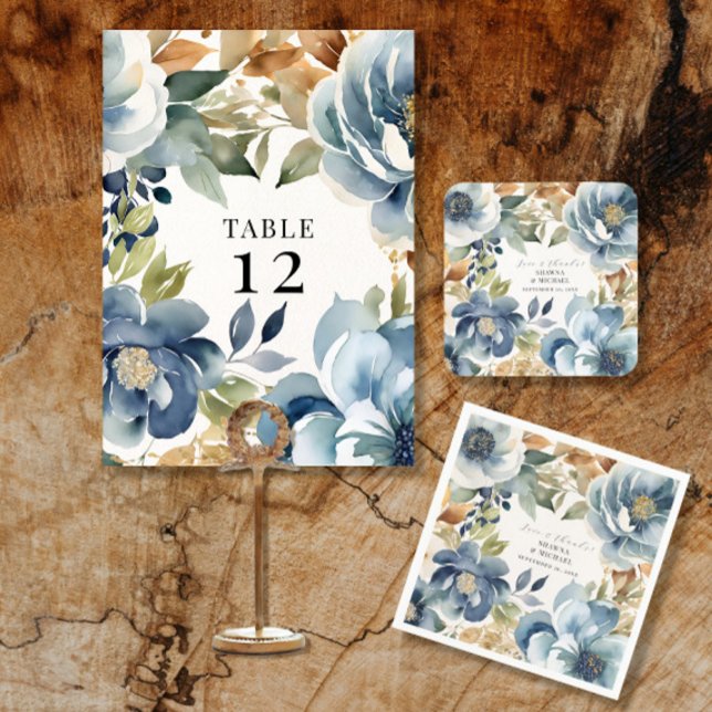 Modern Fall Floral Navy Dusty Blue Wedding Menu Invitation (Creator Uploaded)