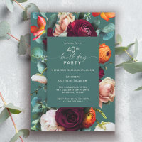 Modern Fall Floral Teal 40th Birthday Party