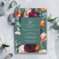 Modern Fall Floral Teal 50th Birthday Party