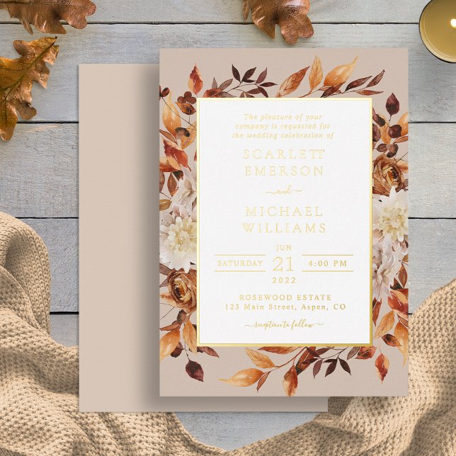 Modern Fall Gold Wedding (Modern Fall Leaves Gold Wedding Foil Invitation by Painted Paperie)