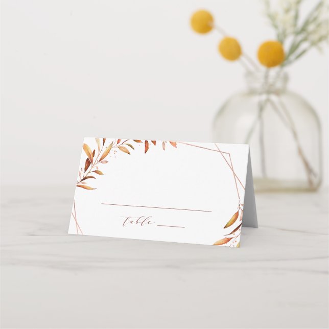 Modern Fall Greenery Geometric Rustic Wedding Place Card (Front)