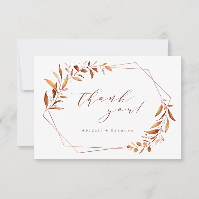 Modern Fall Greenery Geometric Rustic Wedding Thank You Card (Front)