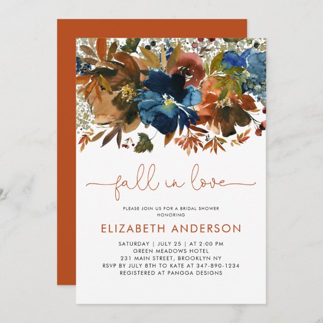 Modern Fall in Love Navy Blue Floral Bridal Shower Invitation (Front/Back)