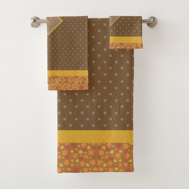 Modern Fall Leaves Monogram Brown Polka Dot Bath Towel Set (Insitu)